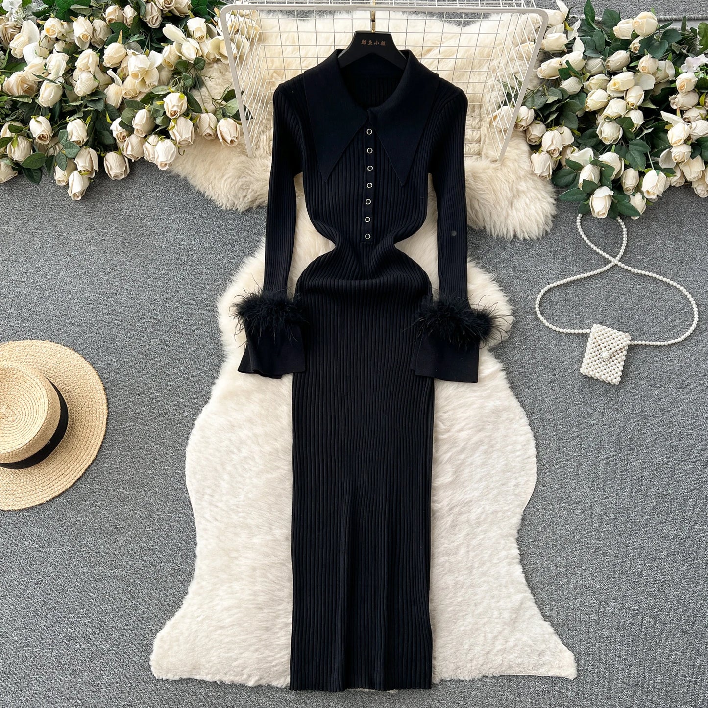 Elegant Turn-down Collar Feather Long Sleeve Knit Bodycon Pencil Dress Slim Fashion Sweater Vestido Sexy Women Winter Clothing