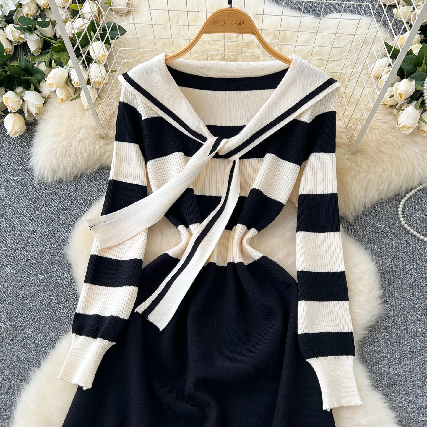 Chic Turn-down Collar Slim Bandage Long Sleeve Patchwork Striped Knit Dress High Street Vintage Women Autumn Winter Clothing