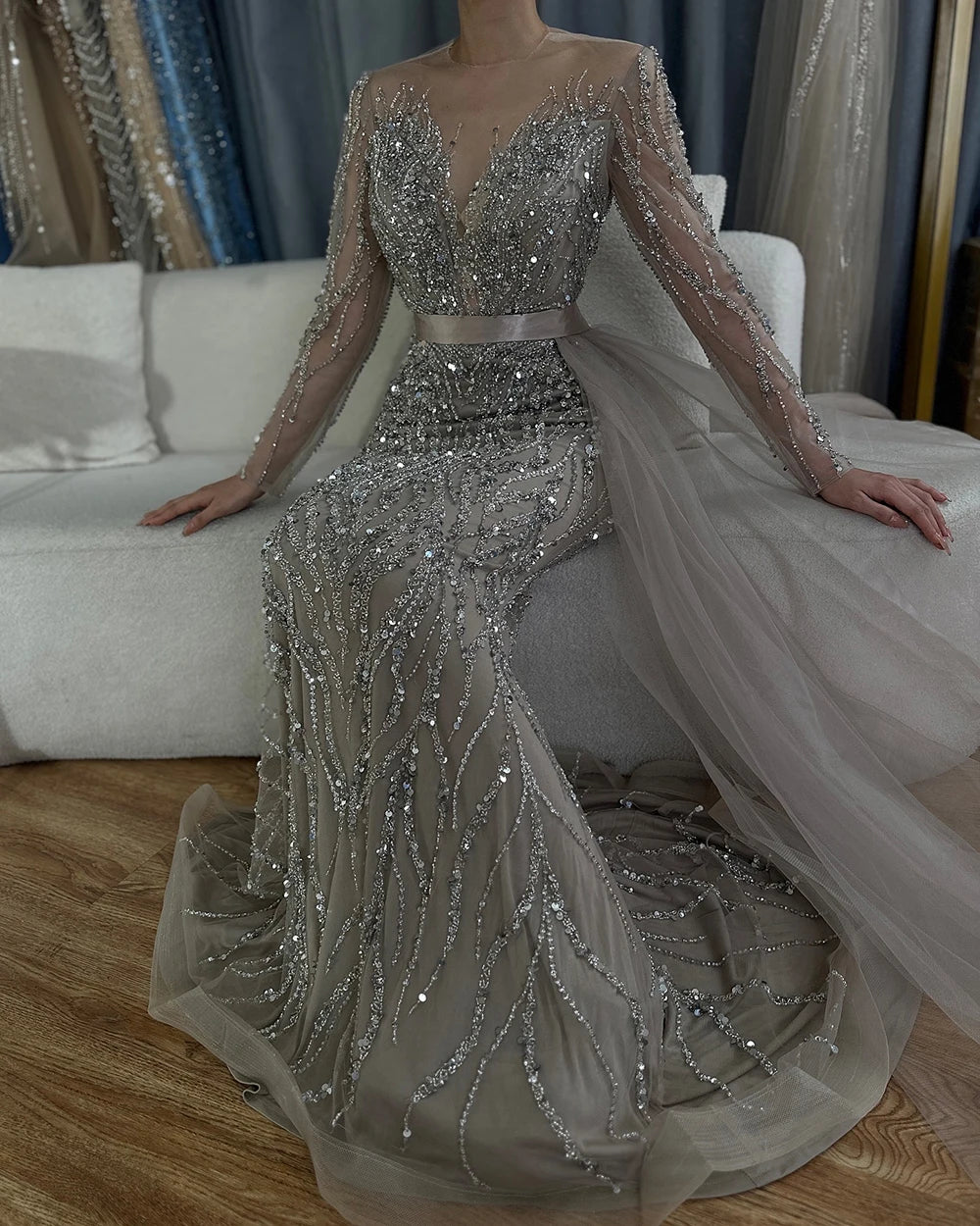 Serene Hill Arabic Caramel Mermaid Elegant With Skirt Lace Beaded Luxury Evening Dresses Gowns For Woman Wedding Party LA71752