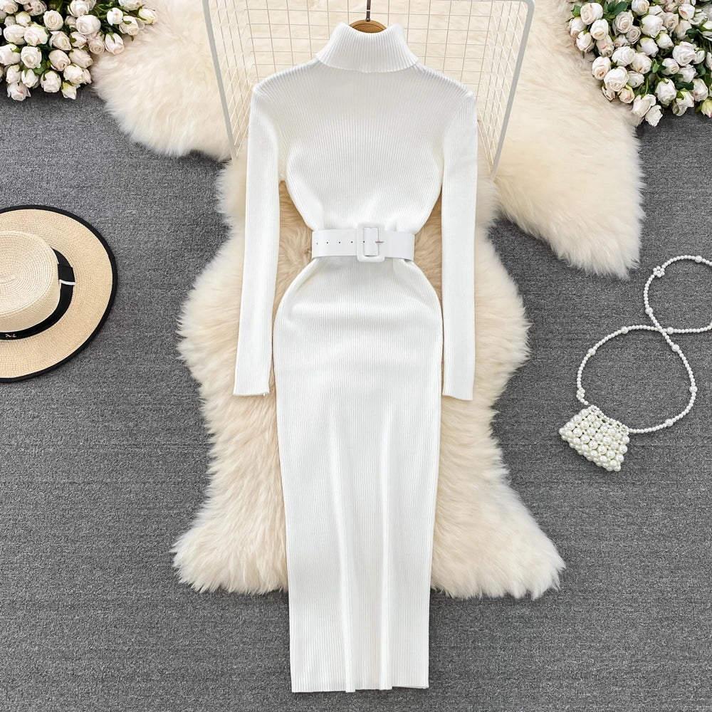 Elegant Turtleneck Long Sleeve Knit Soft Tight Pencil Dress with Belt Slim Fashion Warm Sweater Vestido Sexy Women Winter Robe