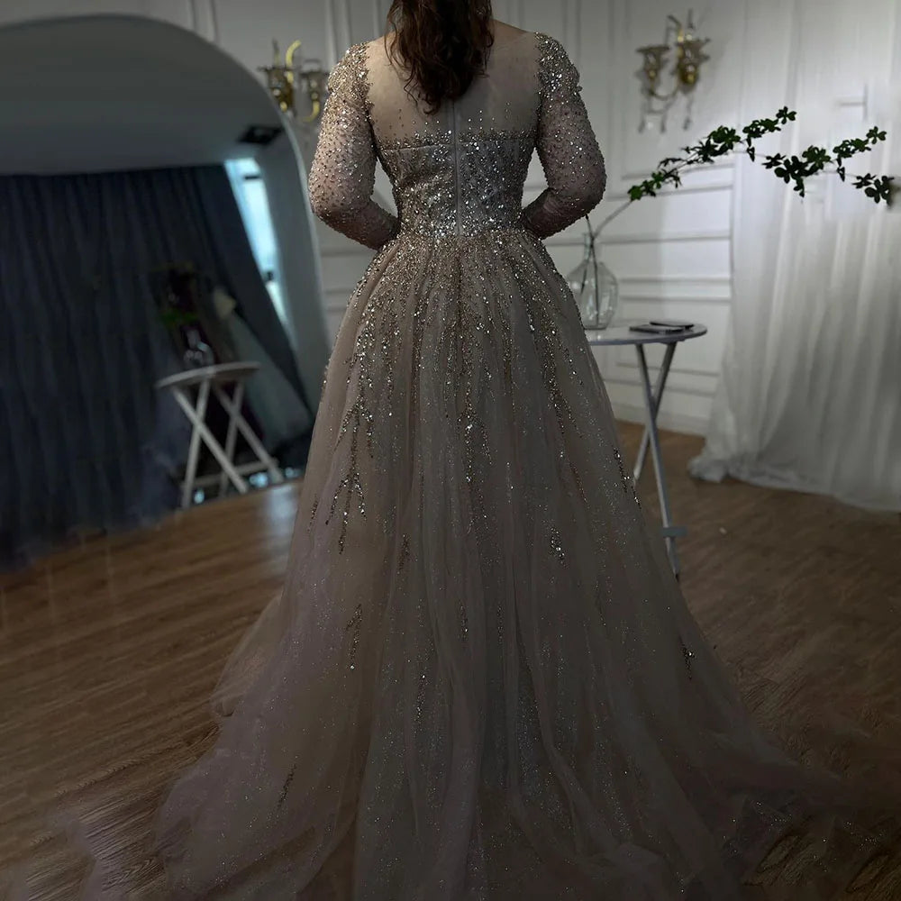 Serene Hill Muslim Pink A Line Beaded Luxury Dubai Long Evening Dresses Gowns 2024 For Woman Wedding Party LA71915