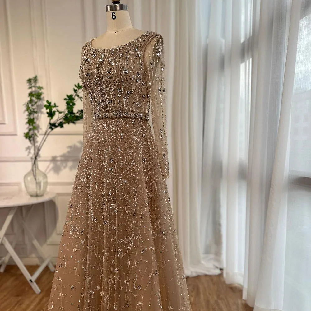 Serene Hill Dubai Arabic Designer Luxury Nude A Line Beaded Evening Dresses Gowns For Formal Occasion 2024 LA72088