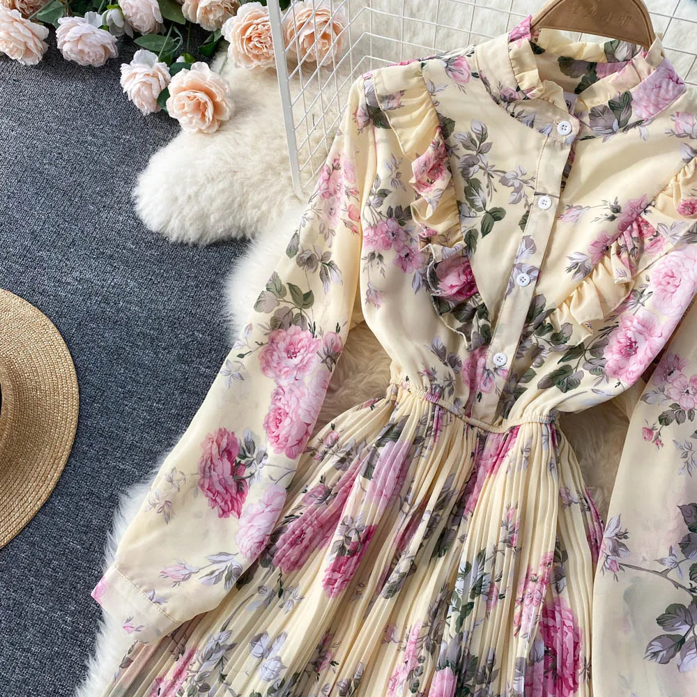 Retro Floral Print Pleated Elegant Chiffon Maxi Dress A-line Fashion Beach Vacation Party Dress Women Summer Spring Vestidos