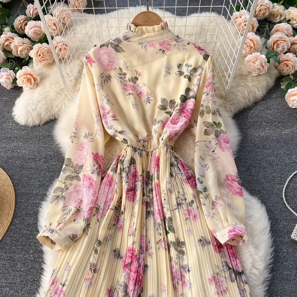Retro Floral Print Pleated Elegant Chiffon Maxi Dress A-line Fashion Beach Vacation Party Dress Women Summer Spring Vestidos