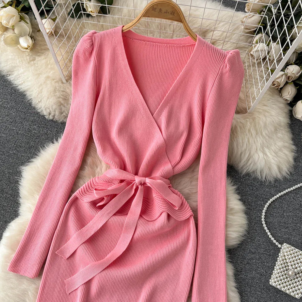 Women Long Sleeve V Neck Sexy Knit Bodycon Dress Chic Vintage Lace Up French Fashion Vestidos Party Elegant Fashion Dresses Y2k