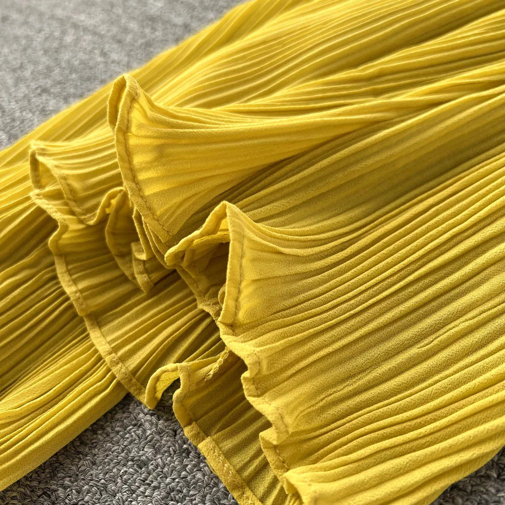 Clothland Stylish Yellow Blouse Set Two Piece Set Irregular Shirt Long Pants Pleated Women Chic Spring Suits TZ234