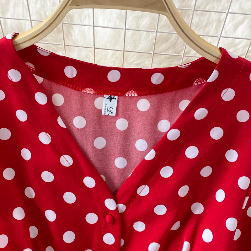 New Summer Women's Fashion Vintage Polka Dot Midi Dress Elegant and Chic A-Line Party Casual White Black Vestidos Female Robe