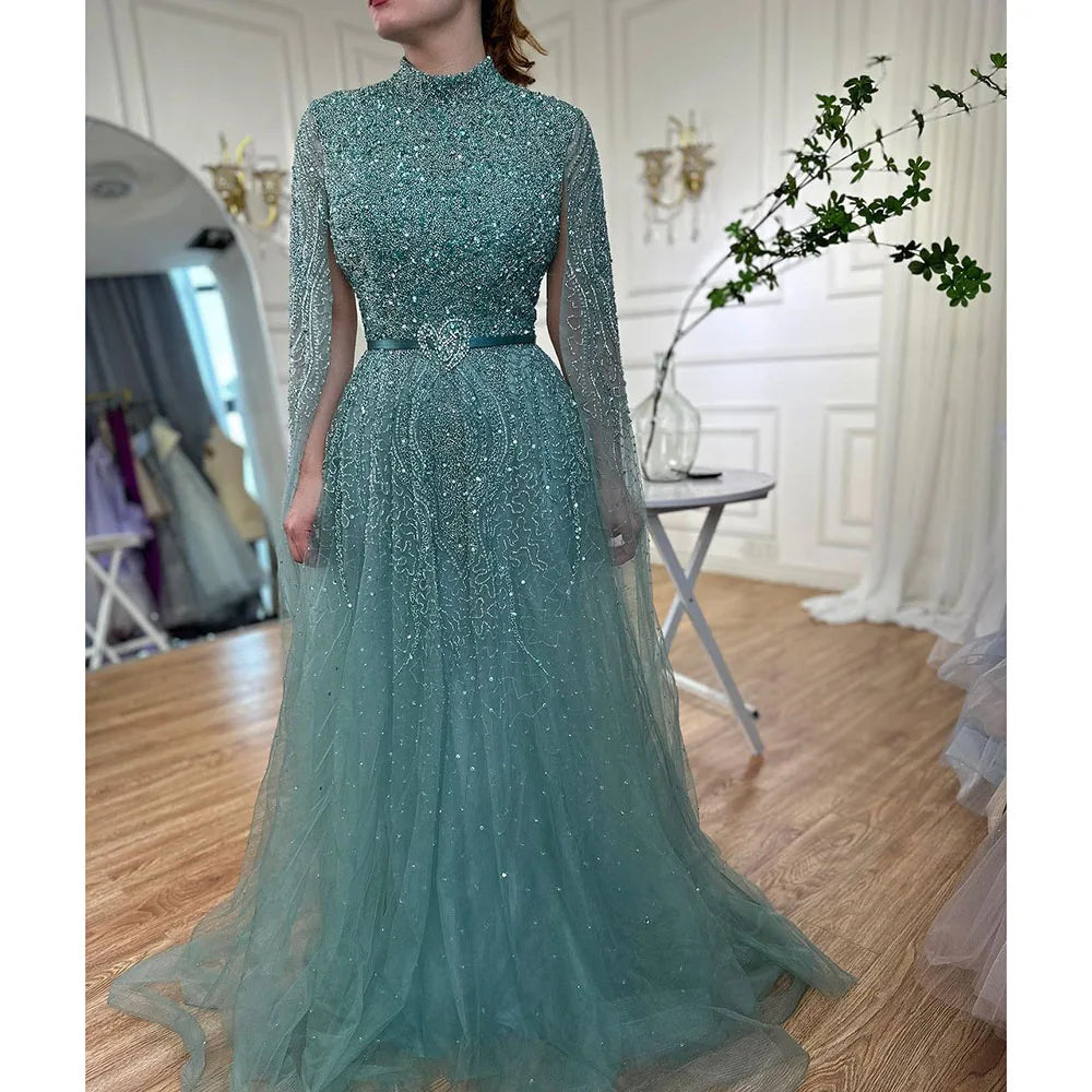 Serene Hill Blue A-Line High-end Beaded Luxury Cape Sleeves Evening Dresses Gowns 2024 For Woman Party Plus Size LA70066B