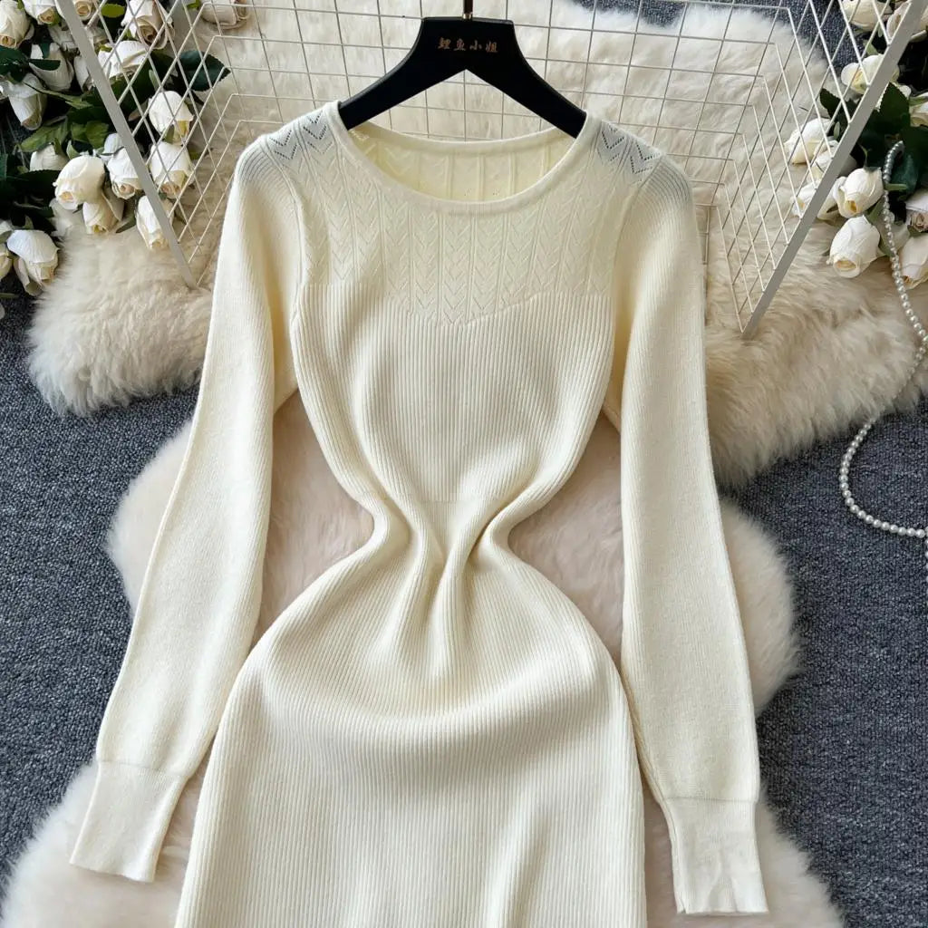 Elegant Solid Knitted Dress for Women Autumn French Vintage O-Neck Long Sleeve Fashion Evening Party Sweater Slim Midi Dresses