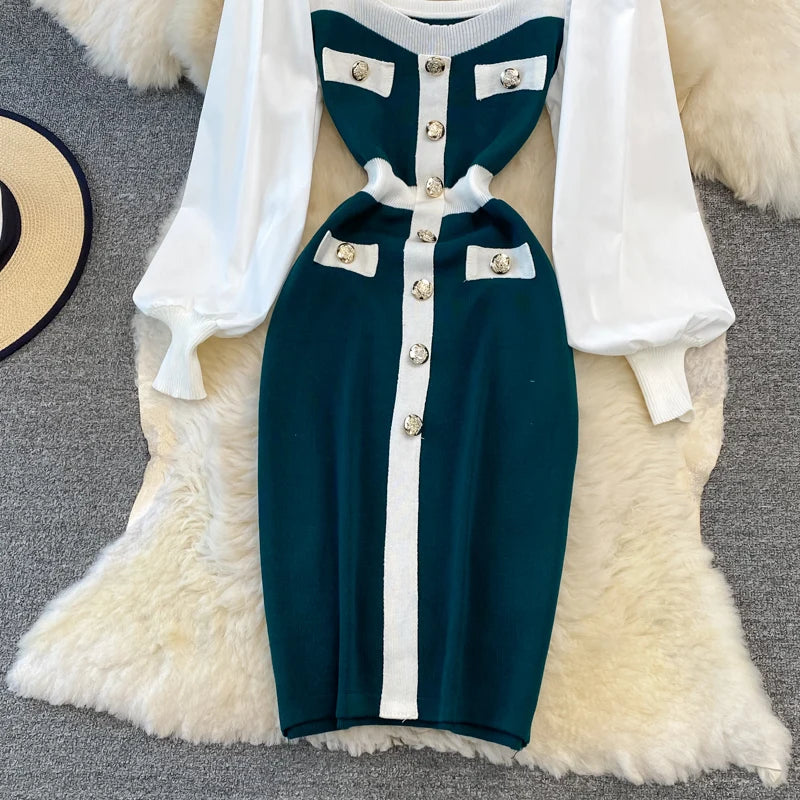 Vintage Elegant Patchwork Square Neck Long Sleeve Knit Dress Casual Women Fashion High Waist Summer Spring Hip Wrap Dress