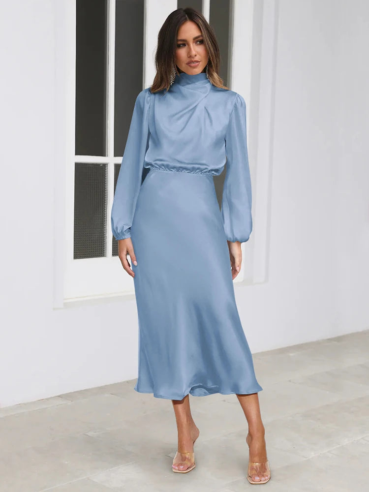 Spring Summer New High-End Satin Long Sleeved Dress Women's Ladylike Elegant Evening Dress Party Clothes Celebrity Dresses