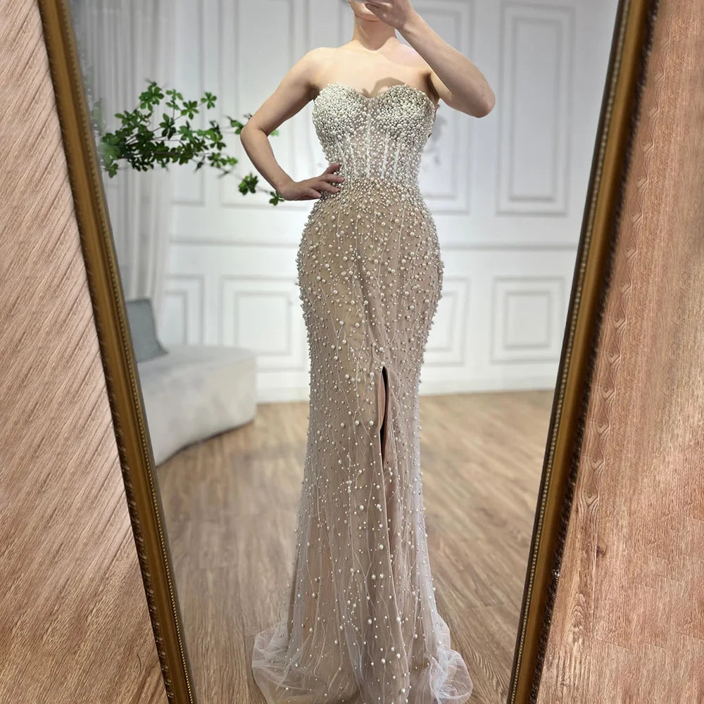 Serene Hill 2024 Arabic White Nude Mermaid Gown Pearls Beading High Split Luxury Dubai Evening Dress for Women's Party LA72544