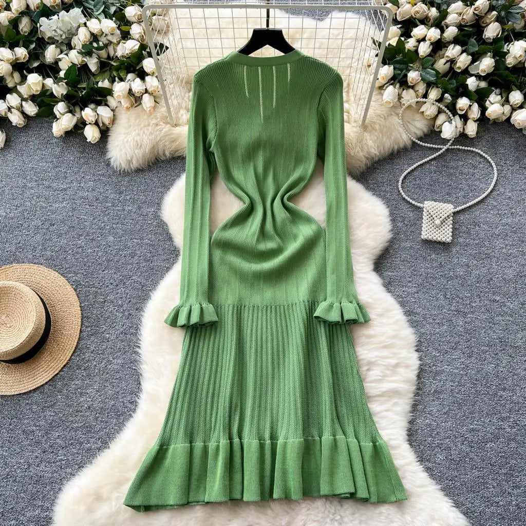 Elegant Women Solid Knitted Dresses Autumn V-Neck Single Breasted Chic Flared Sleeve Ruffles Hem Casual Female Slim Office Robes
