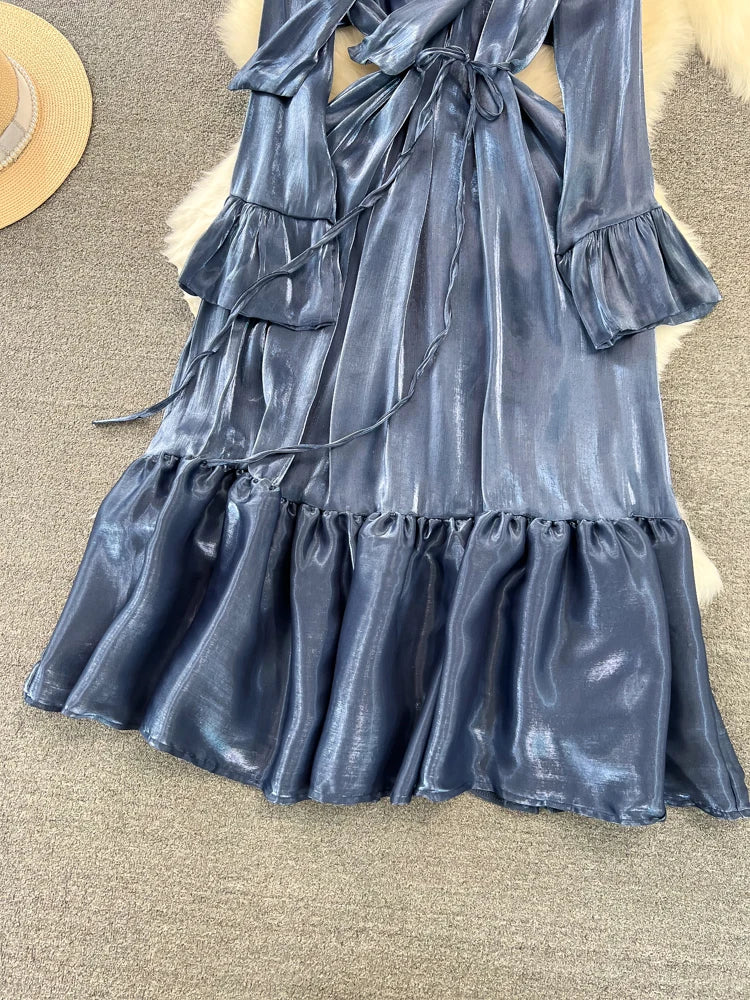 Elegant and Chic Solid Evening Dresses for Women Fashion New Bow Lace Up Flare Long Sleeve A-Line Vestidos Autumn Female Clothes