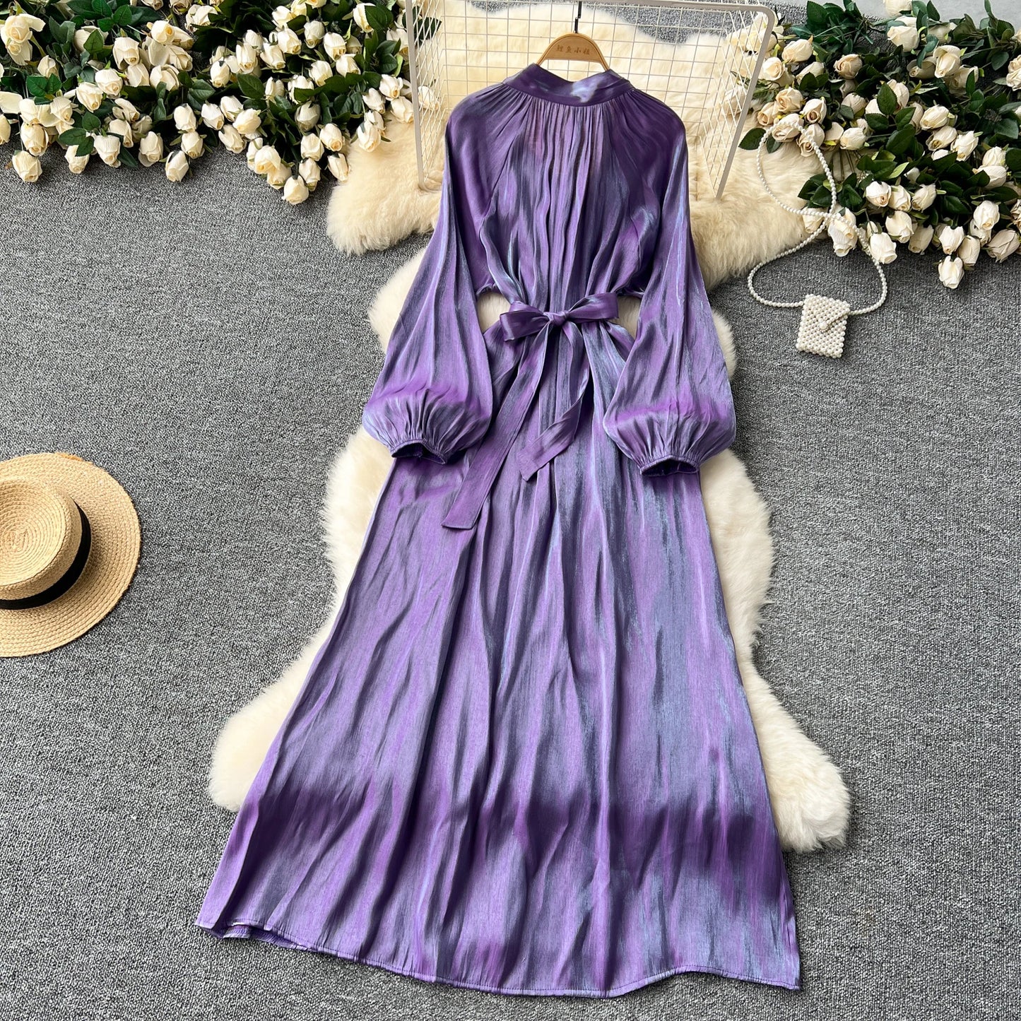 French Vintage Pleated lool sleeve print Lace-up Bow sweet Dress Casual Women Fashion summer dresses