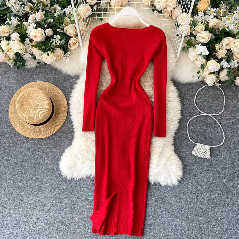 Women Long Sleeve Sexy Bodycon Dress with slit Vintage French Fashion Knit v neck Vestidos Basic Tight Elegant Slim Chic Dresses