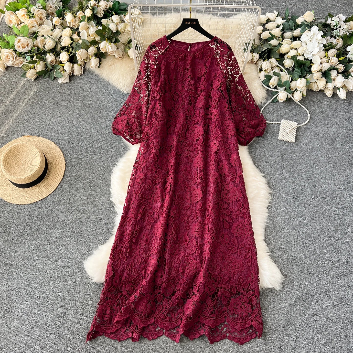 Chic Long Sleeve O Neck Lace Hook Flower Hollow Loose Dress Chiffon A-line Casual Dresses Fashion Women Elegant Vestidos
