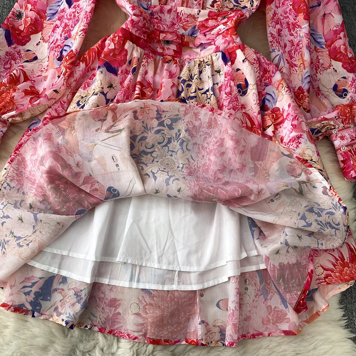 Short Dresses 2023 Fashion Women Clothing Party Elegant Vintage Floral Print Dress Womens V Neck Long Sleeve Mini Vacation Dress