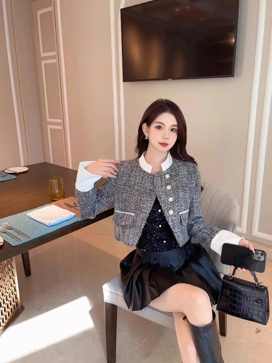 High-end Color Contrast Small Fragrance Equestrian clothing for Women Autumn New Loose and Fashionable Coarse Tweed Short Coat