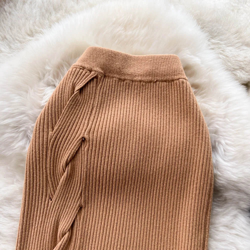 Women Elegant Chic Split Sexy Skirt Elastic Knit High Waist Fashion Vintage Pencil Skirt Black White Spring Autumn Clothing