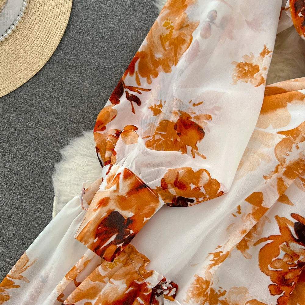 Elegant Casual Women Fashion Floral Print Long Dress Vintage Pleated A-Line Maxi Boho Beach Party Robe Female Clothes Mujers