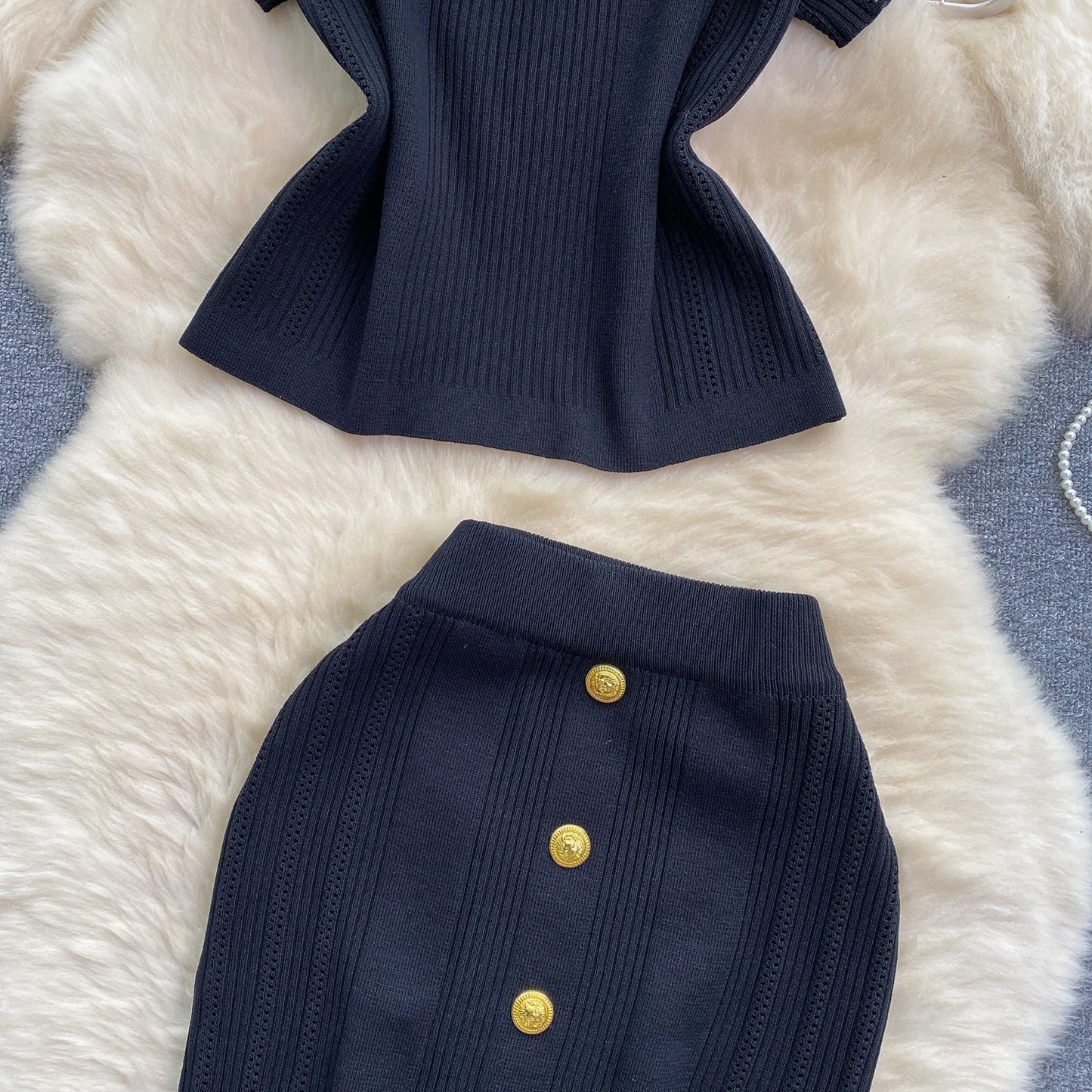 Women Chic Two Pieces Sets High Waist Sexy Pencil Wrap Pencil Skirt with Short Sleeve Knit Pullover Slim Fashion Sweater Set