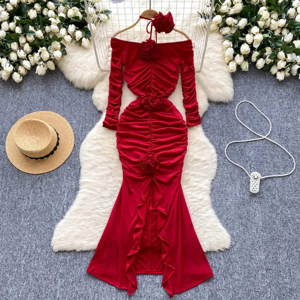 Sexy Elegant and Chic Women Pleated Mermaid Dress Strapless Bodycon Slim Evening Party Christmas Dresses Female Clothes Mujers