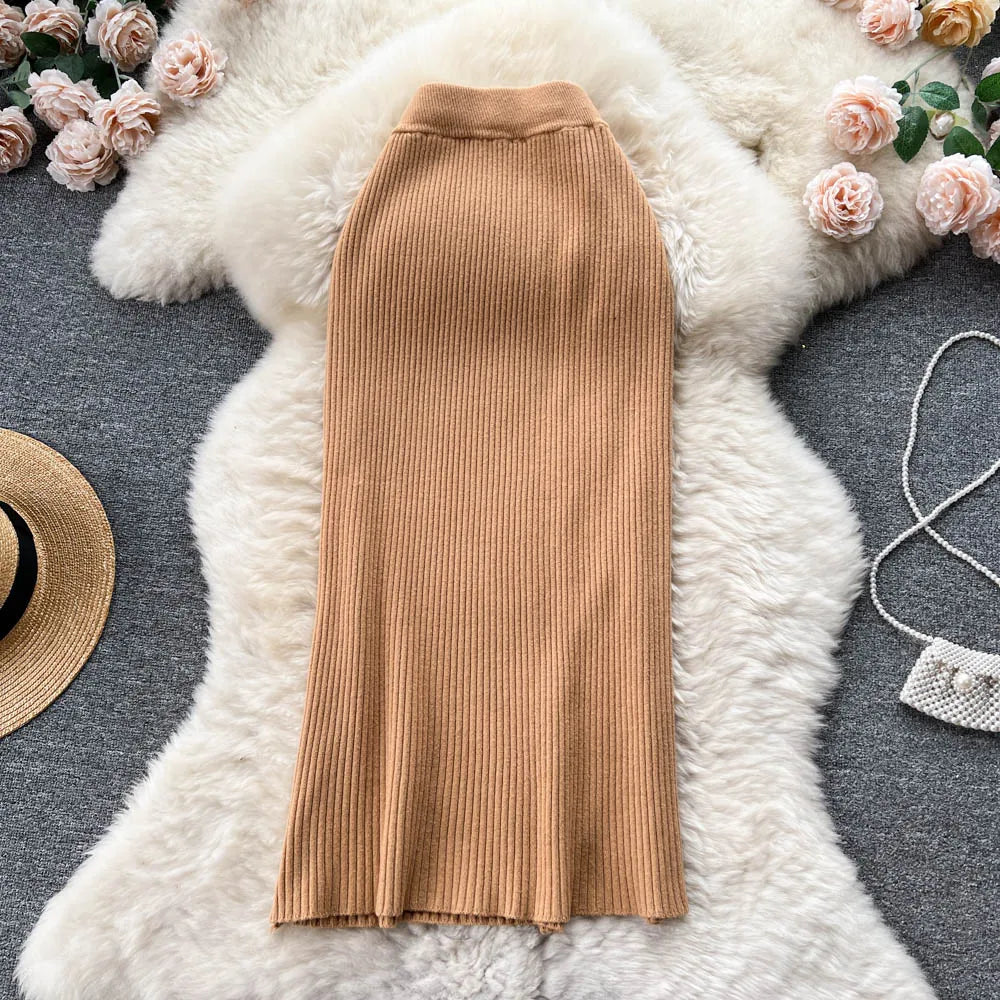 Women Elegant Chic Split Sexy Skirt Elastic Knit High Waist Fashion Vintage Pencil Skirt Black White Spring Autumn Clothing