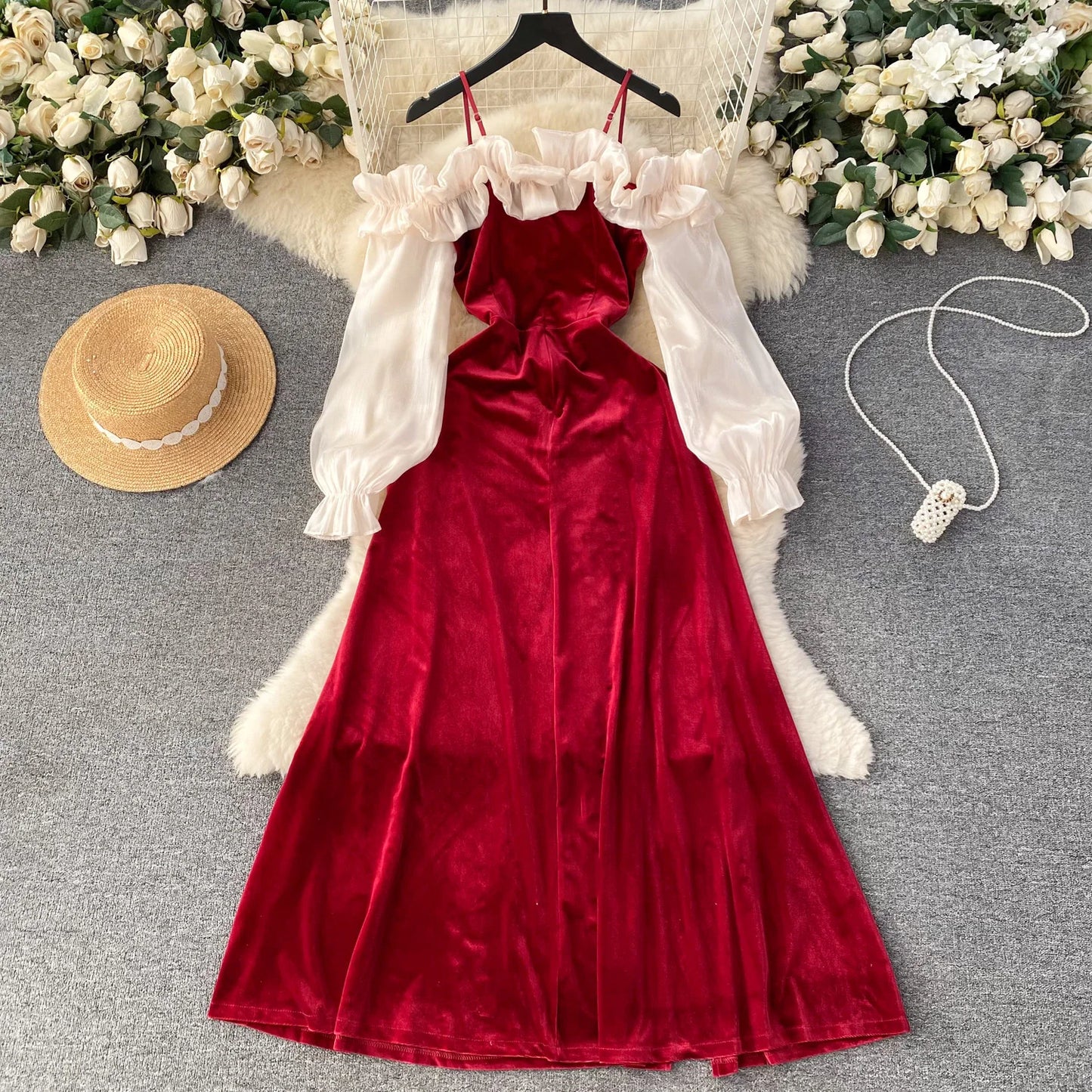 Sexy Bodycon Off Shoulder Party Dress Women Ruffles Velvet Patchwork Elegant Lady Fashion Prom Robe A-Line Vestidos Mujers New