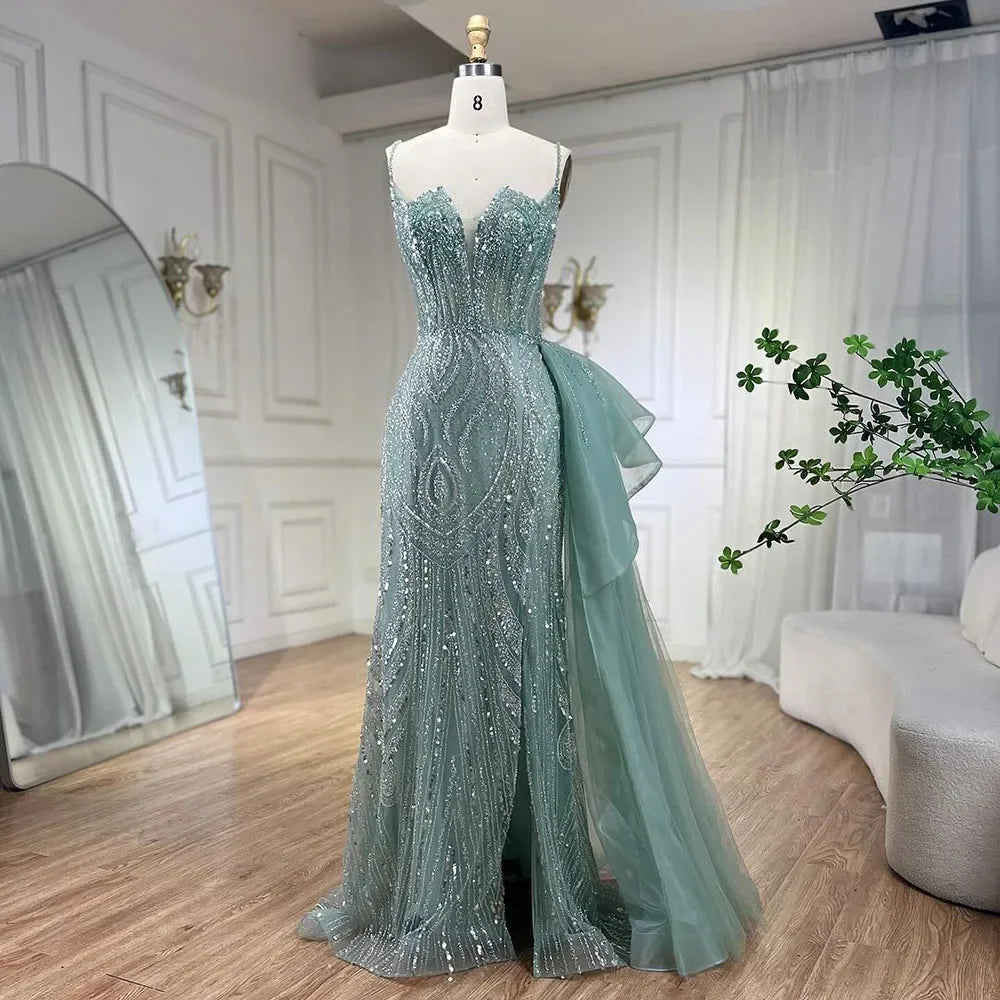 SERENE HILL 2024 Turquoise Spaghetti Strap Luxury Beaded Evening Dresses Mermaid Elegant Overskirt Gown For Women Party GLA72378