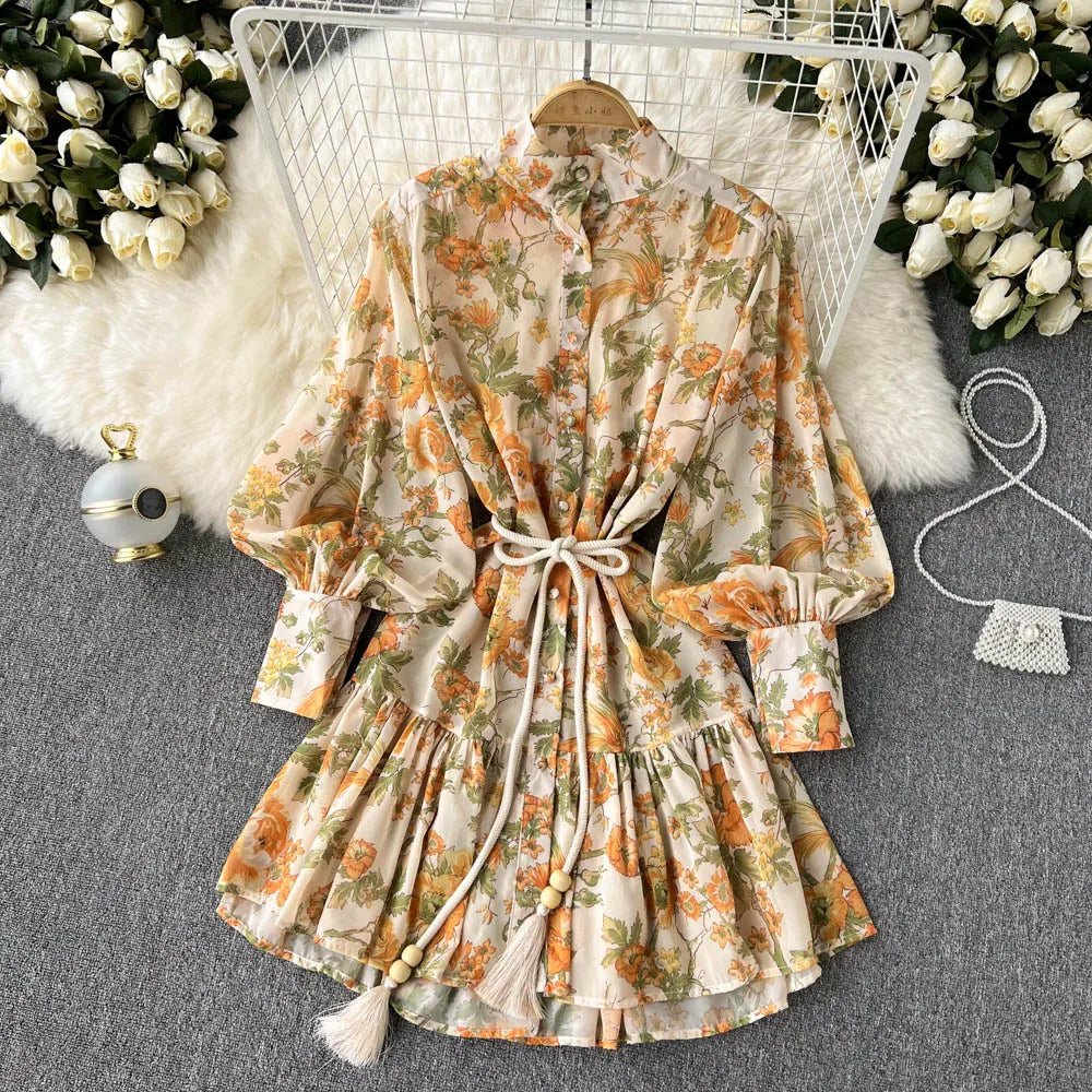 Elegant Party Dresses For Women Stand Collar Vintage Floral Print Dress Long Sleeve Holiday Beach Chiffon Mini Dress With Belt