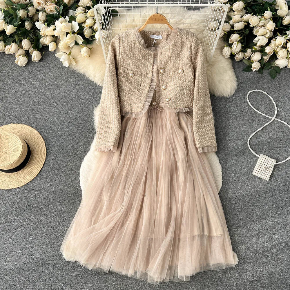 Elegant Small Fragrance Two-Piece for Women's Strap Mesh Midi Dress+Short Thick Tweed Jacket for Women's Spring and Autumn Set