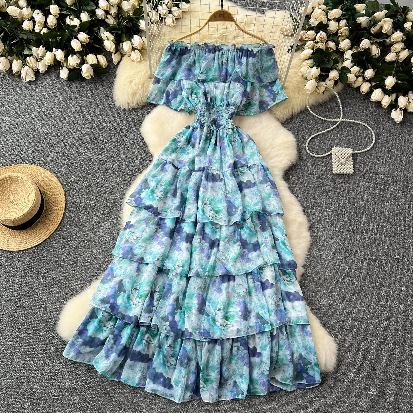 French Vintage off shoulder short sleeve ruffle Dress Chic Casual Beach Vacation Women Summer chiffon dresses