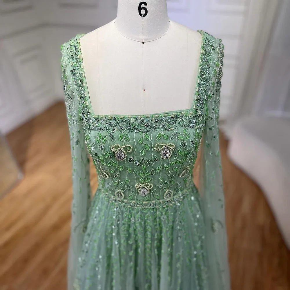 Serene Hill 2024 Muslim Pink A Line Beaded Elegant Cape Sleeve Luxury Evening Dresses Gowns For Women Wedding Party LA71803A