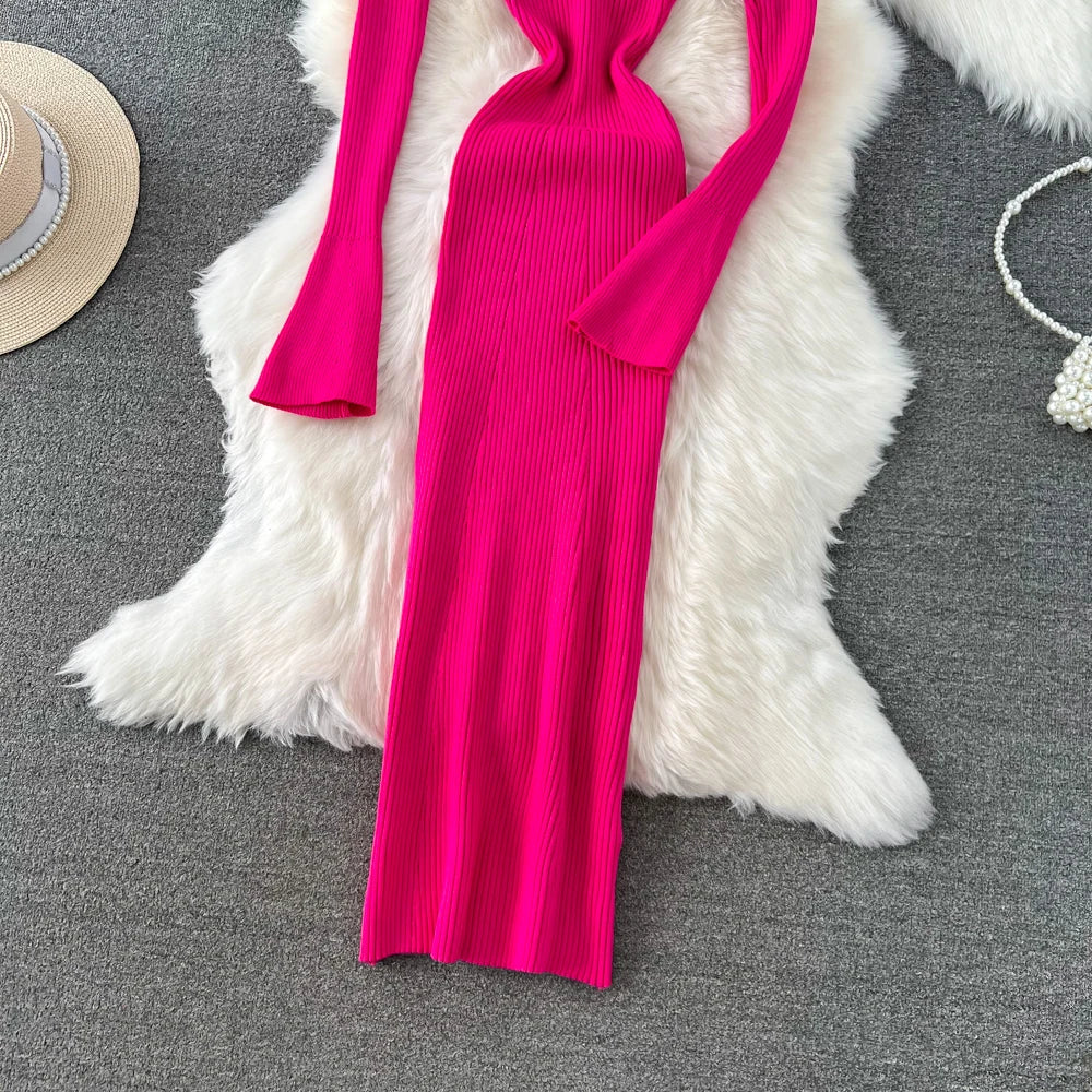 Women Chic Elegant Long Sleeve Bodycon Vneck Dress Sexy French Fashion Knit Wrap Vestidos Elastic Slim Pencil Sweater Dress
