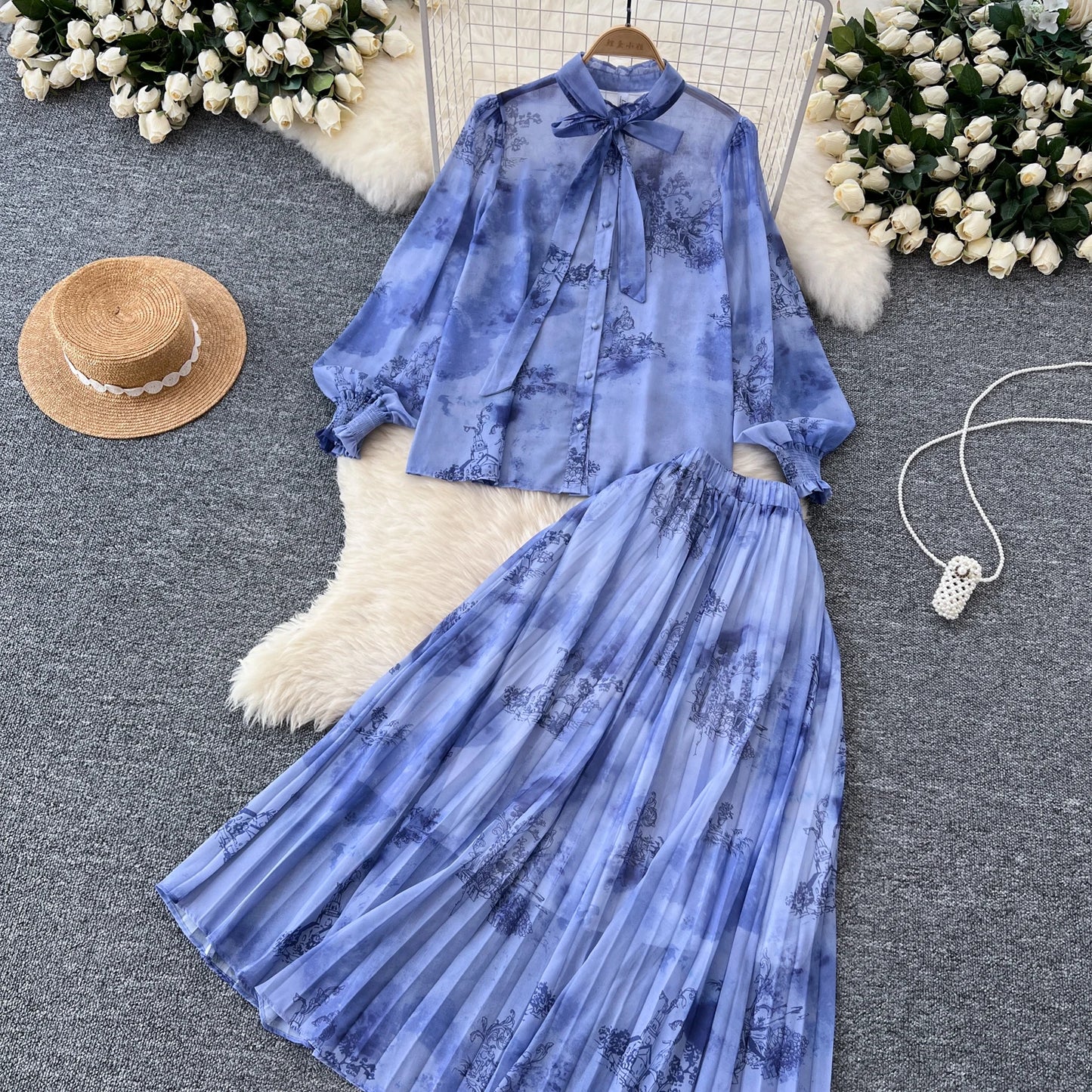 Women Chic Print Sweet Two Pieces Sets Bow Lantern Long Sleeve Top High Waitst Wide Skirt Fashion Summer Sets