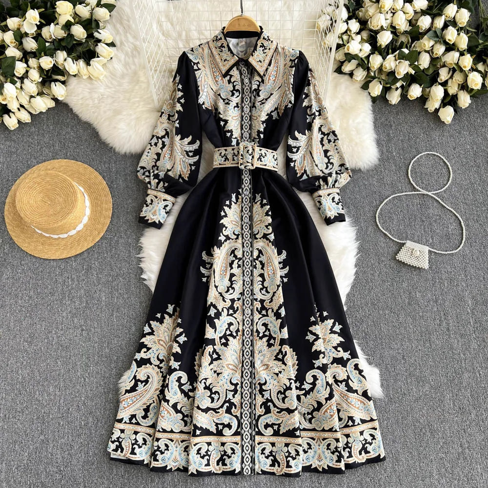 Retro Printed Party Dress Women Polo Collar Long Sleeve Elegant Long Dresses Spring Autumn French Single Breasted Shirt Dress