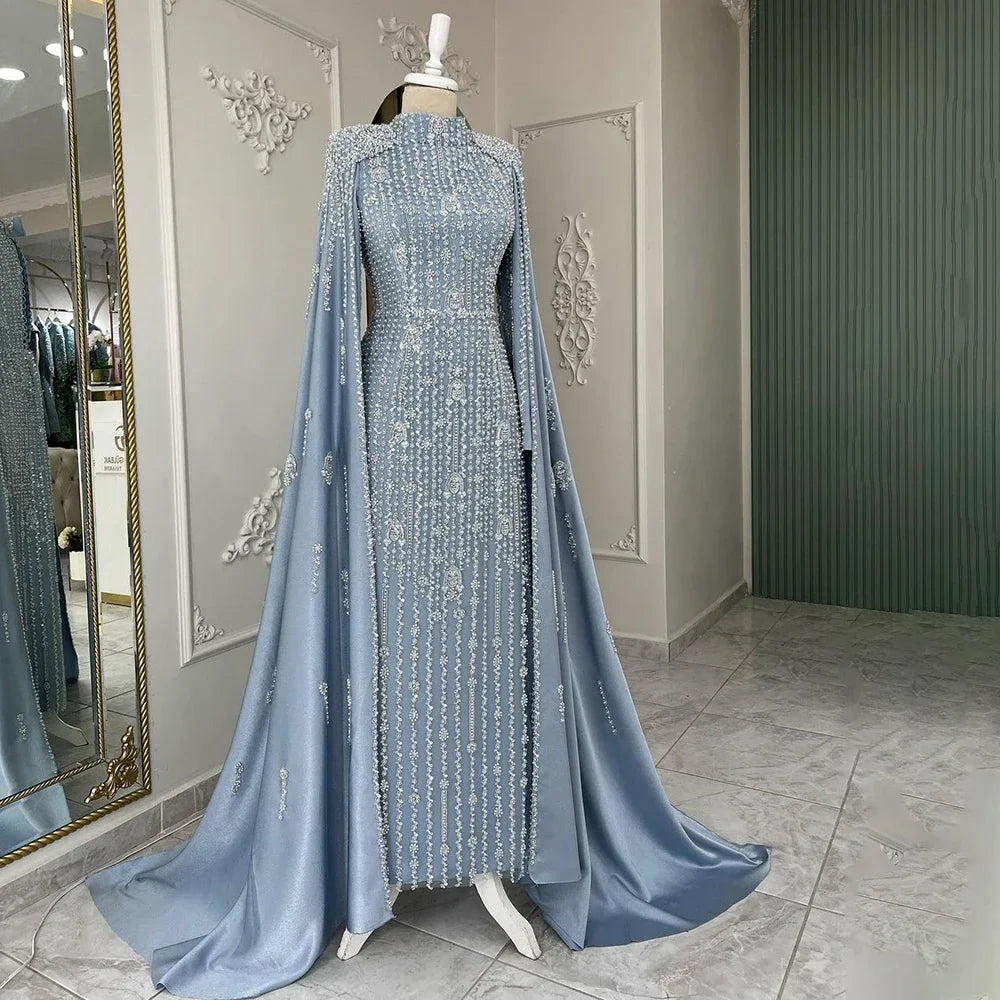 Serene Hill 2024 Luxury Dubai Blue Muslim Mermaid Beaded Evening Gowns with Cape Sleeves for Women's Party LA72533