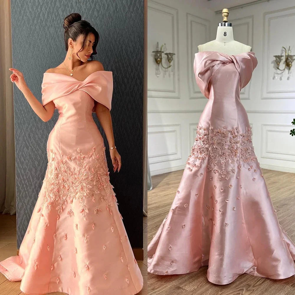 Serene Hill 2024 Luxury Saudi Arabia Off Shoulder Mermaid Peach Satin Luxury Women Evening Dress For Formal Occasions GLA72483