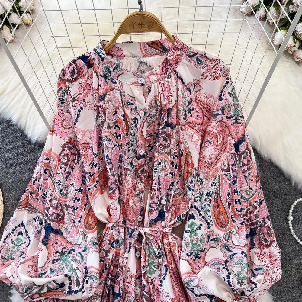 Elegant Women Casual Floral Print Party Dress Vintage Lantern Sleeve A-Line Pleated Prom Birthday Clothes Female Fashion Robe