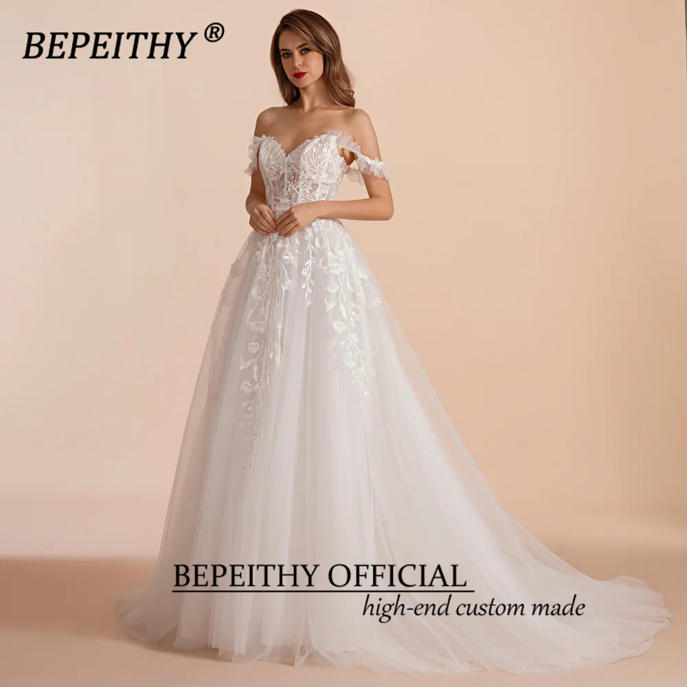 BEPEITHY A Line Sweetheart Bride Wedding Party Dresses 2023 Sleeveless Sweep Train Drop Shoulder Lace Ivory White Bridal Gown