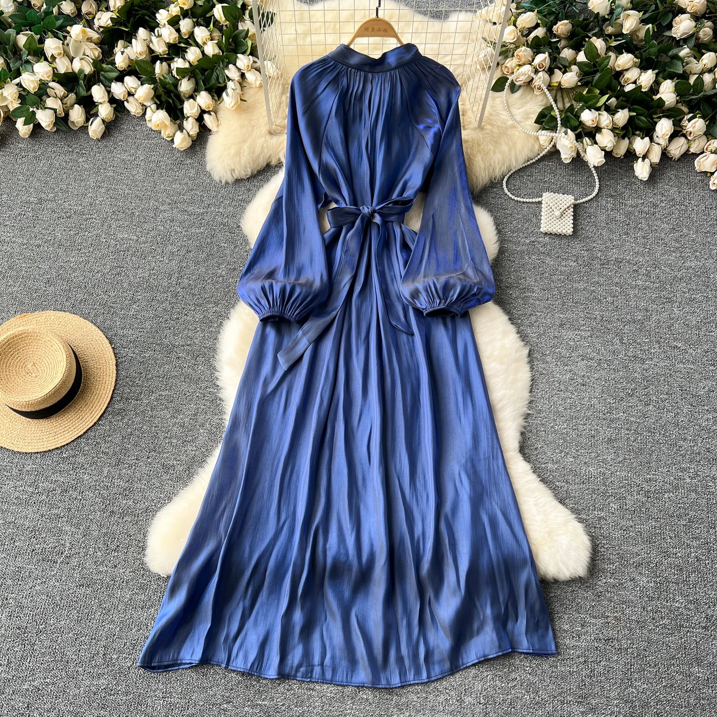 French Vintage Pleated lool sleeve print Lace-up Bow sweet Dress Casual Women Fashion summer dresses