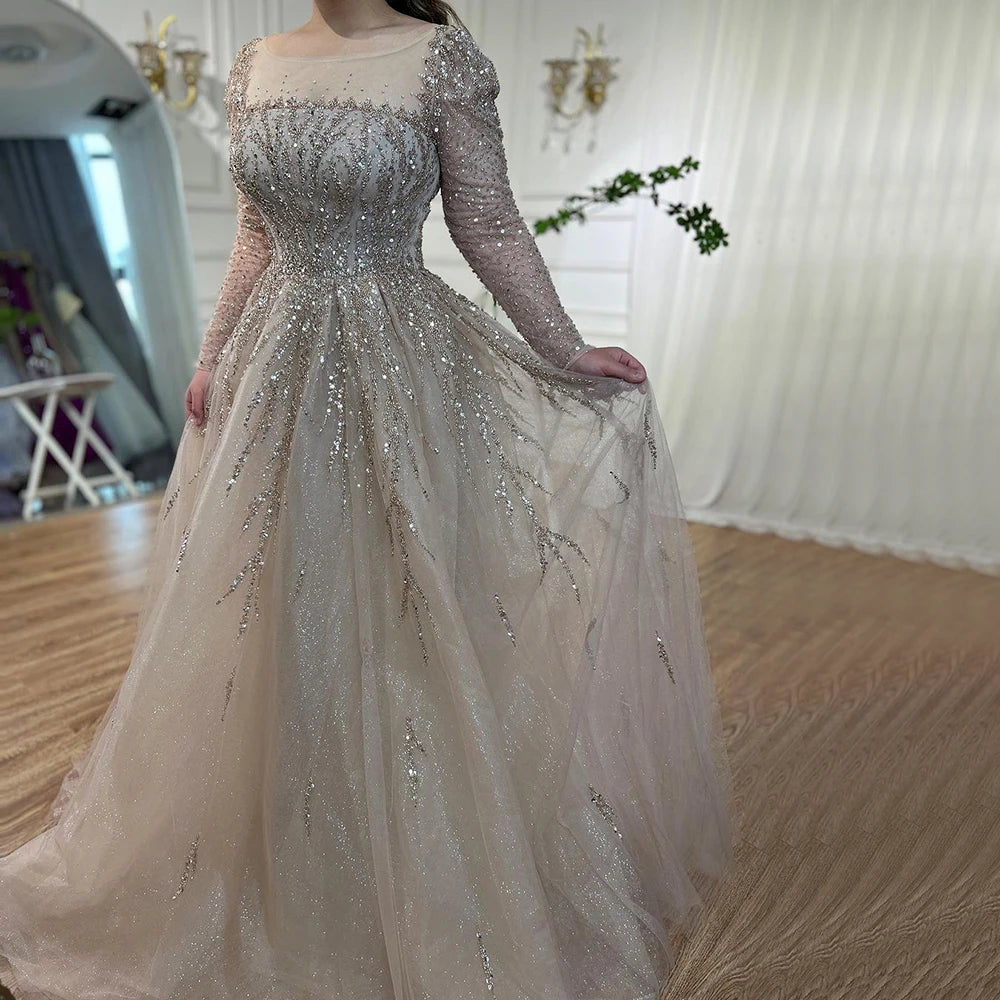 Serene Hill Muslim Pink A Line Beaded Luxury Dubai Long Evening Dresses Gowns 2024 For Woman Wedding Party LA71915