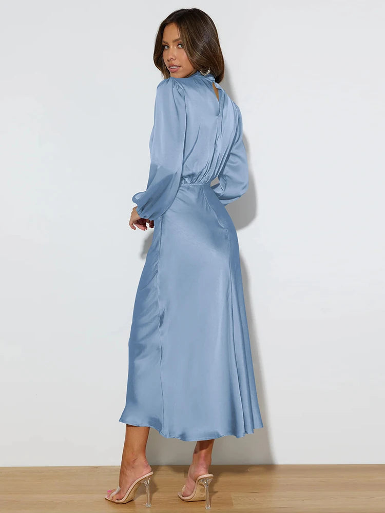 Spring Summer New High-End Satin Long Sleeved Dress Women's Ladylike Elegant Evening Dress Party Clothes Celebrity Dresses