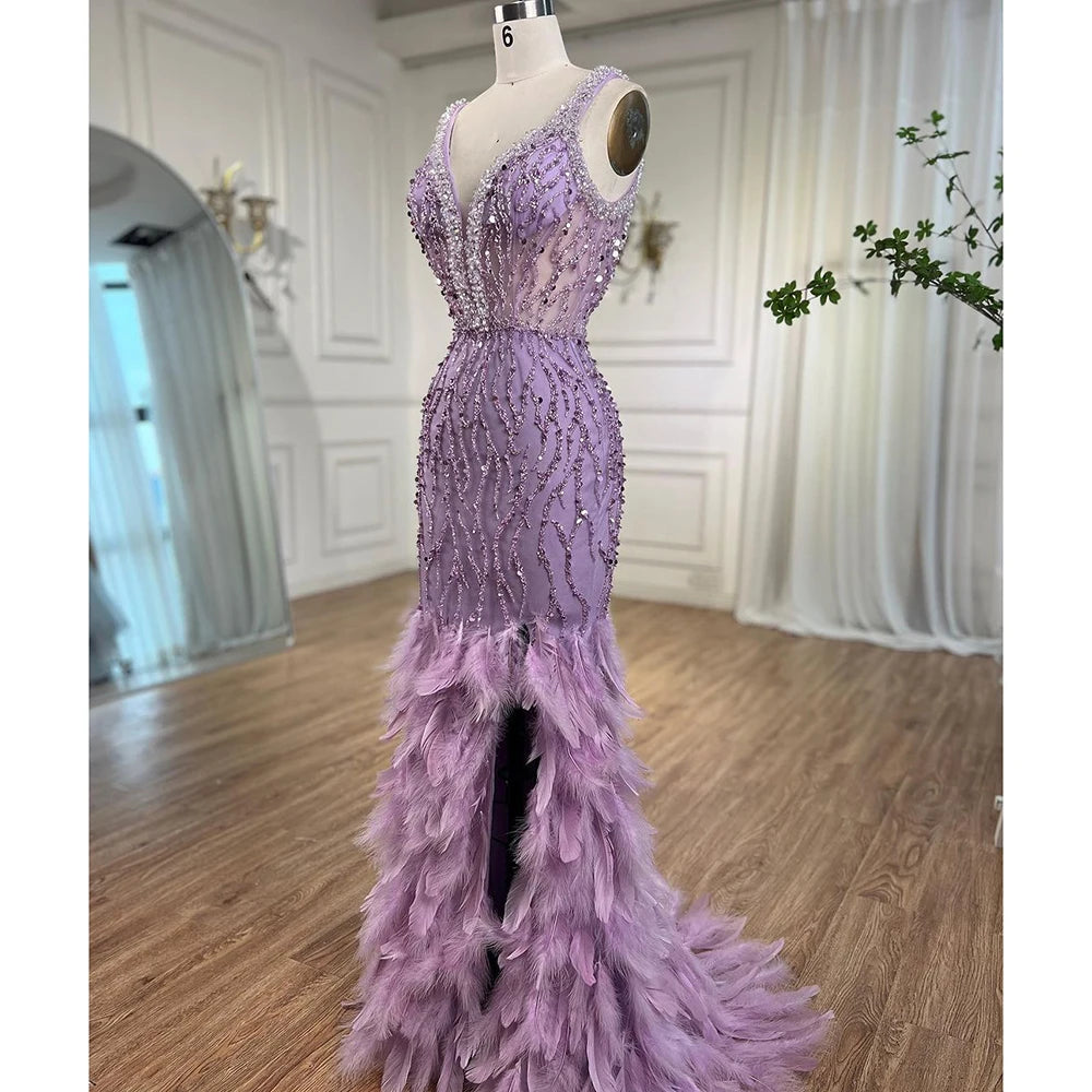Serene Hill Pink Mermaid High Split Luxury Evening Dresses Feather Beaded Gowns Long 2024 For Women Wedding Party LA72152