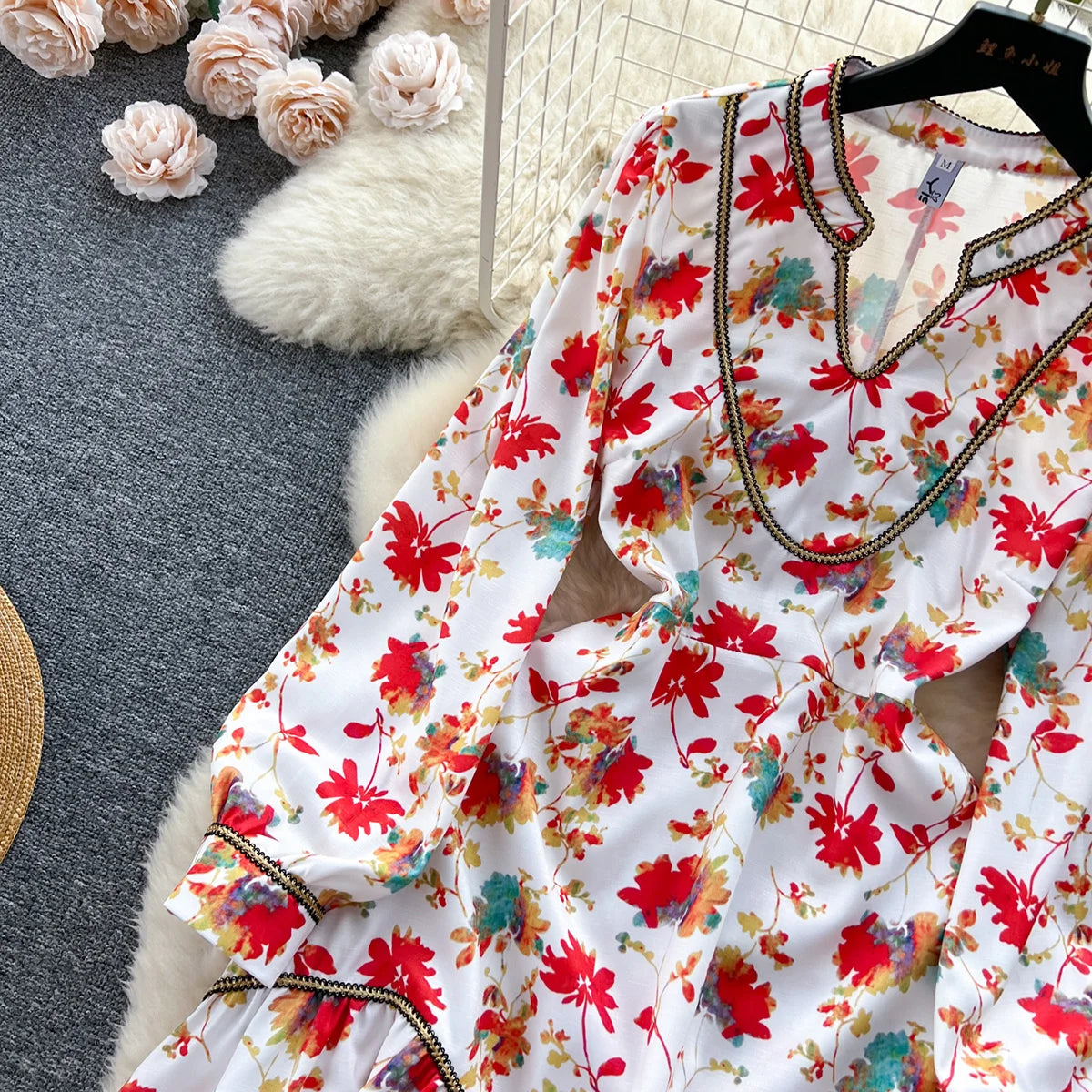 Elegant Dresses For Women 2023 New In Contrast Trim Vintage Floral Print Dress V Neck Long Sleeve Ruffle Hem Vacation Mini Dress