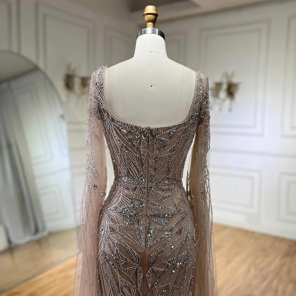 SERENE HILL 2024 Arabic Nude Cape Sleeves Mermaid Dubai Evening Dresses Beaded Luxury Wedding Party Gowns For Women GLA72261