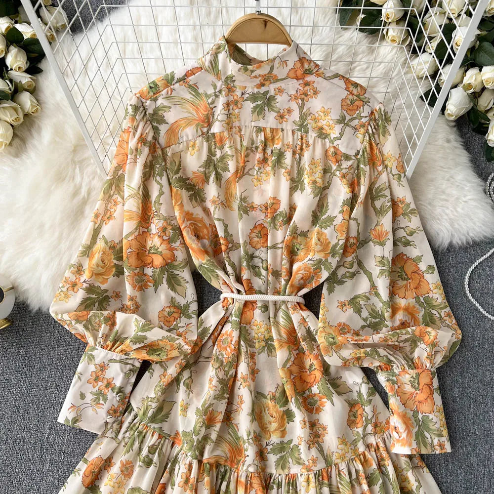 Elegant Party Dresses For Women Stand Collar Vintage Floral Print Dress Long Sleeve Holiday Beach Chiffon Mini Dress With Belt