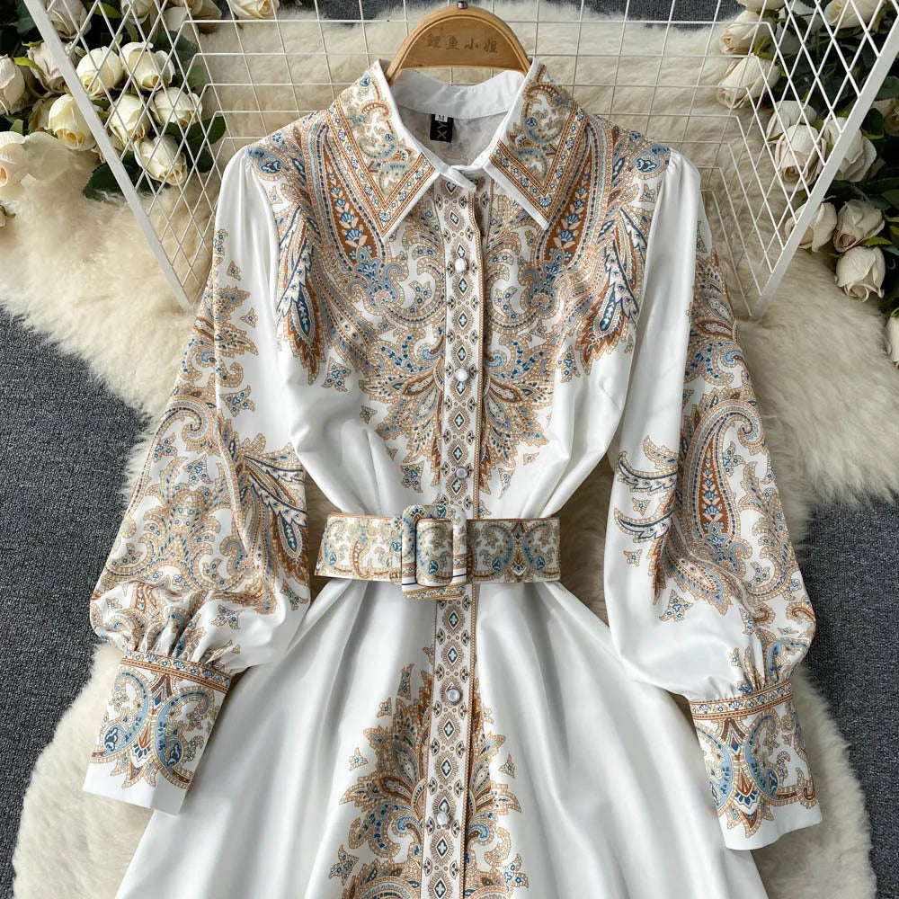 Retro Printed Party Dress Women Polo Collar Long Sleeve Elegant Long Dresses Spring Autumn French Single Breasted Shirt Dress