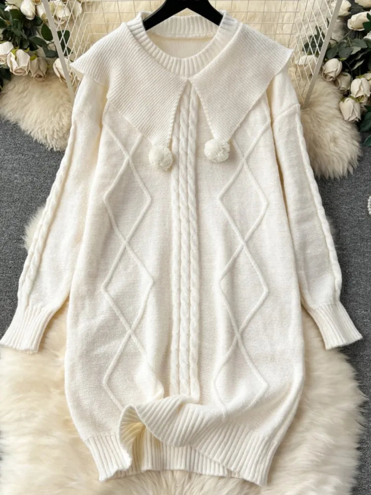 Y2k Sweet Knitted Dresses for Women Autumn Winter Christmas Sweater Loose Knitwears Mini Dress Korean Fashion Female Vestidos